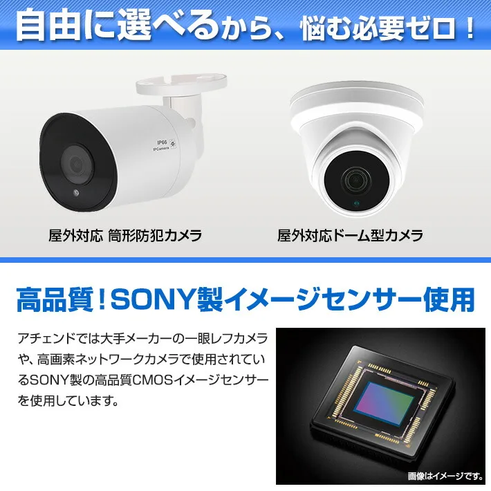 屋内屋外カメラが自由に選べます。